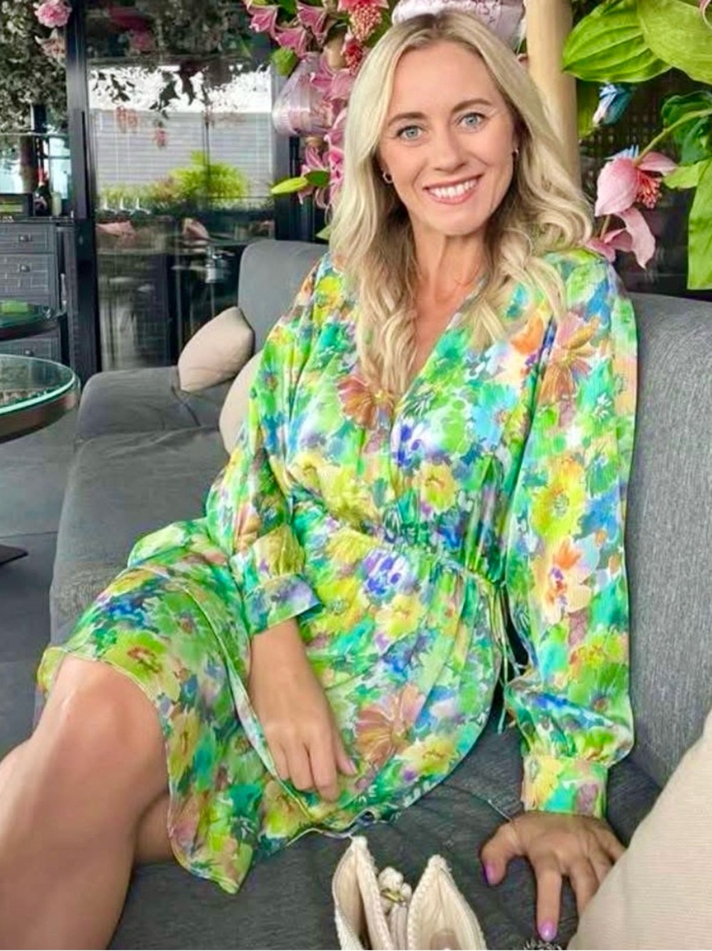 Zara Silk Like Long Cap Sleeve Floral Flowy Side Bow Ruffle Mini Dress